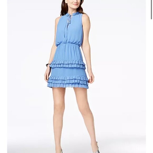 NWOT Laundry by Shelli Segal Women Ruffle Elastic Waist Blue Dress - Size 6 - Picture 1 of 11